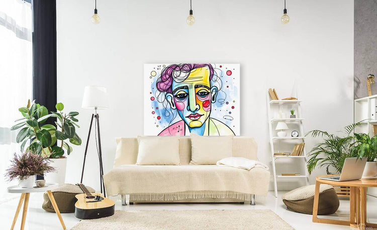 Framed abstract face portrait print with curly purple hair, colorful makeup, and dot accents