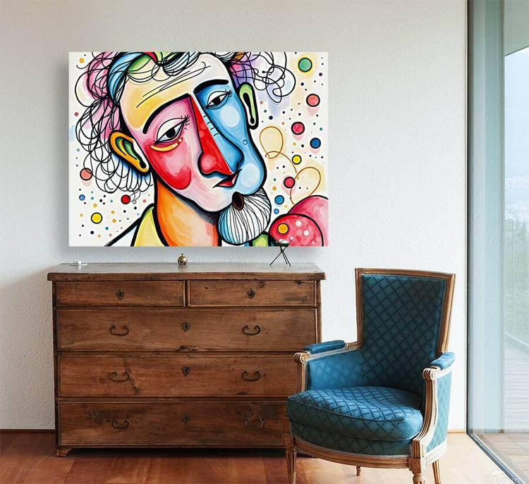 Abstract portrait artwork with two colorful faces, curly hair lines, and colorful dots