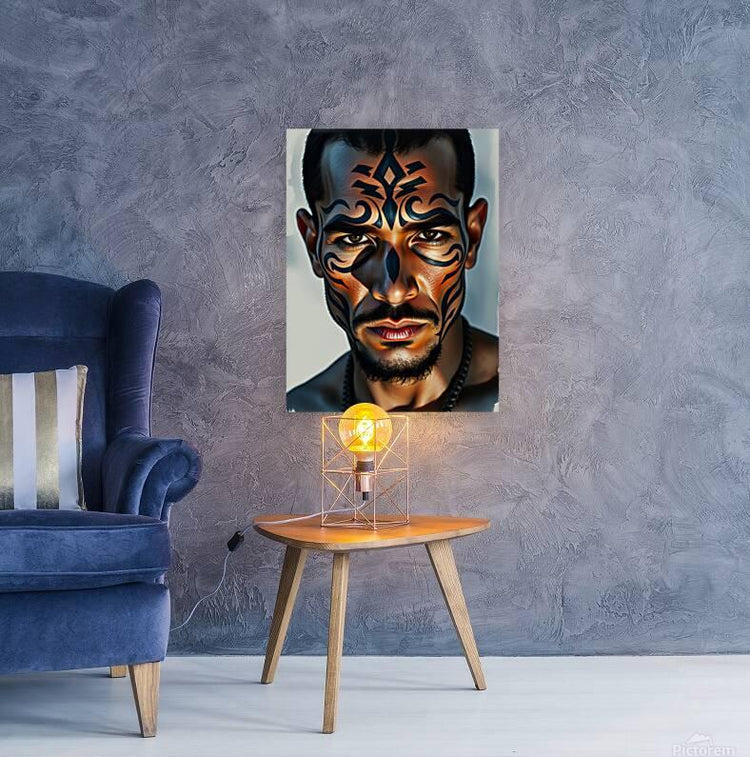 Tribal face portrait artwork of a man with blue and orange face paint, small centered canvas.