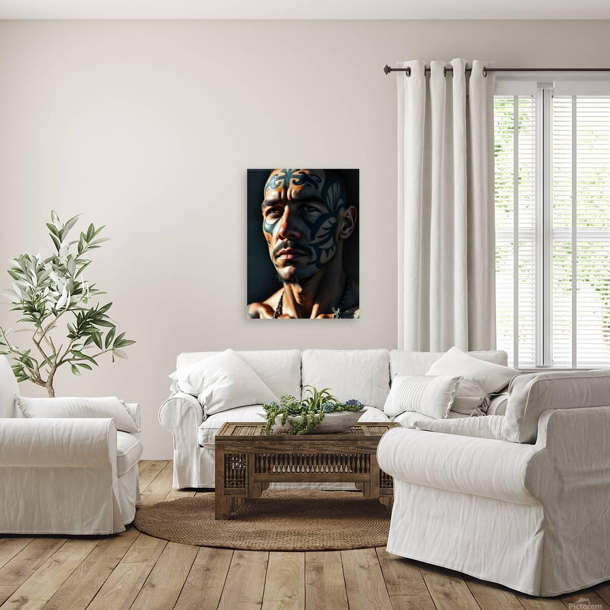 Tribal portrait wall art featuring a man's face with blue and dark body paint, side view
