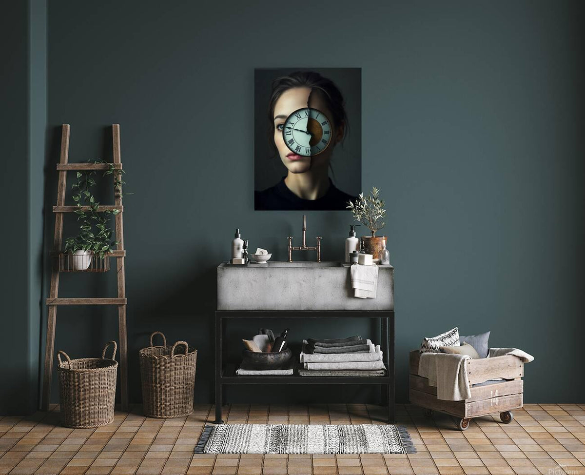 Framed surreal portrait wall art: woman with clock overlay covering her face.
