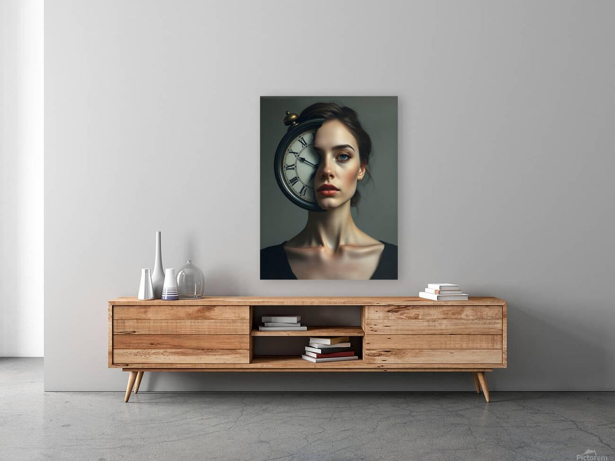 Portrait wall art print of a woman with a clock overlay and dark blazer neckline