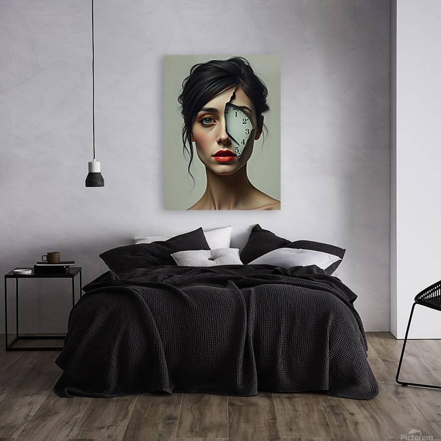 Contemporary portrait wall art with a woman’s face and a clock graphic on the canvas