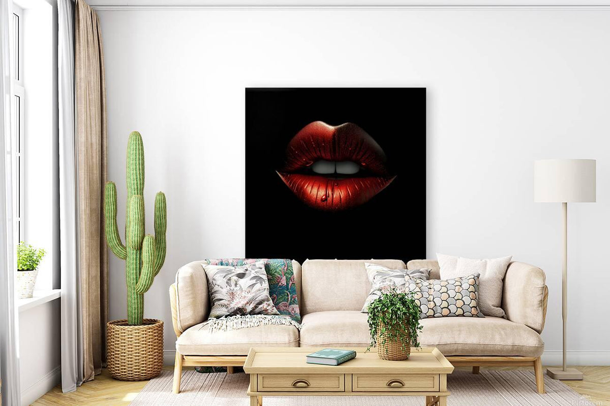 Square wall print of red metallic lips on black background with detailed lip texture