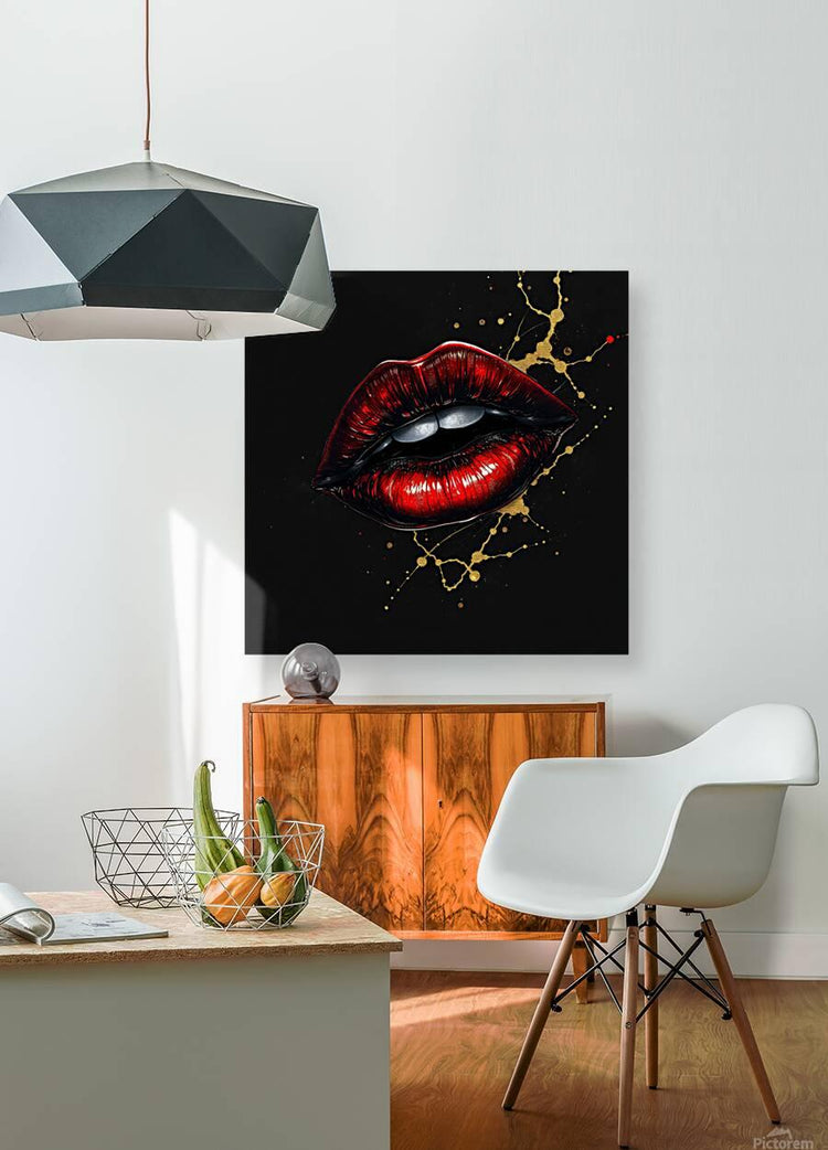 Red and gold lips wall art on a black square panel with gold spark and bead details