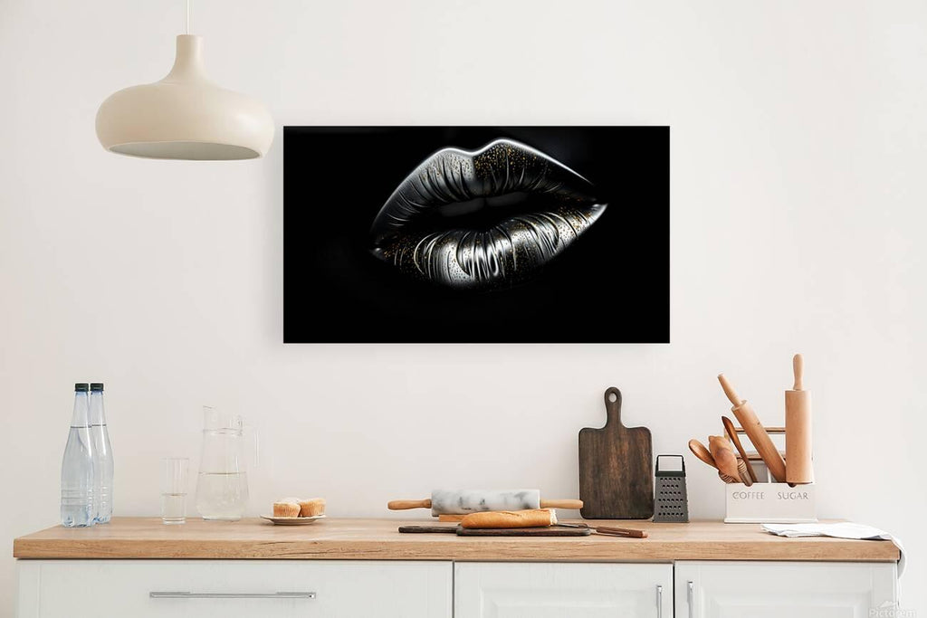 Rectangular wall art of silver and gold dust lips on black background