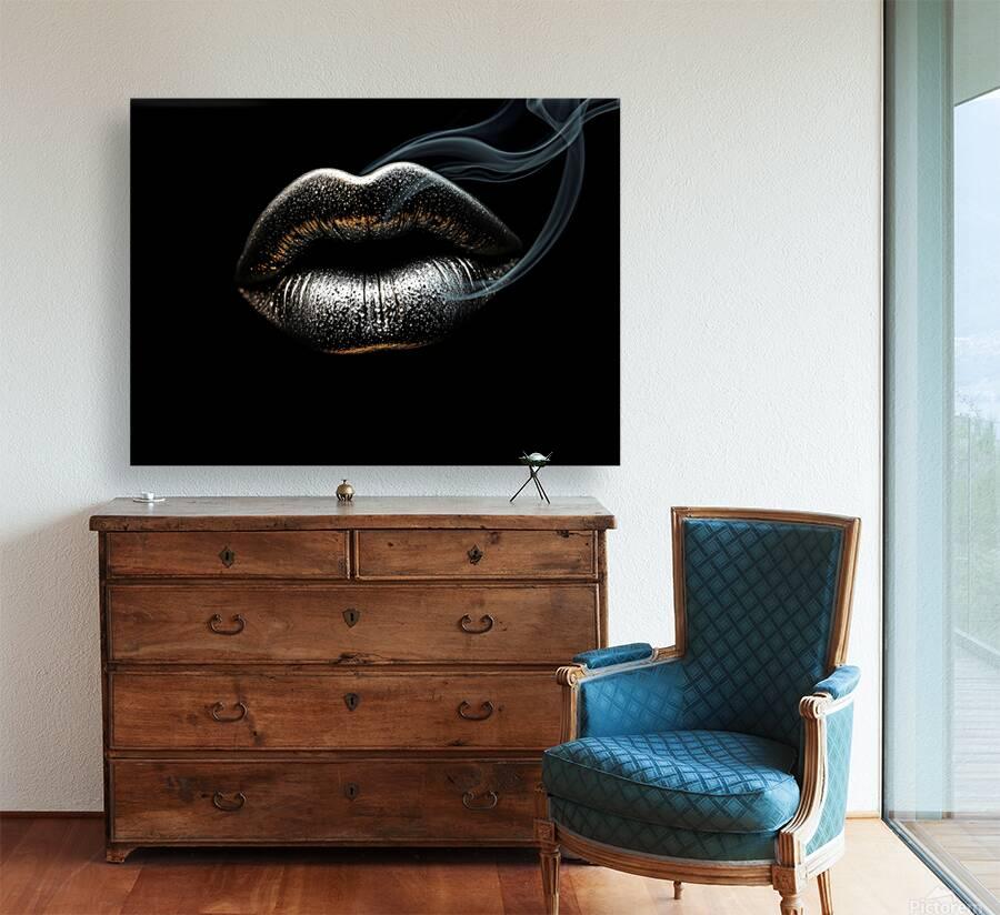 Metallic silver lips wall art with smoke curl, unframed on dark canvas