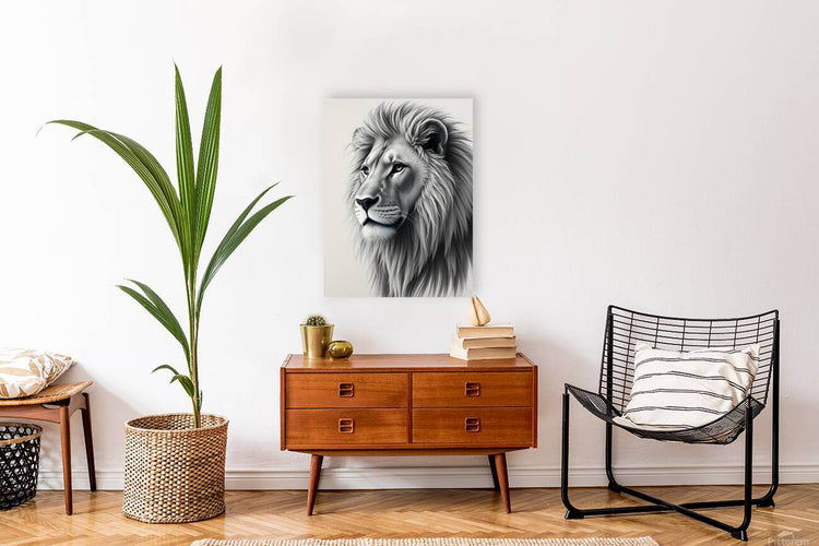 Framed lion portrait print, black-and-white lion head with flowing mane