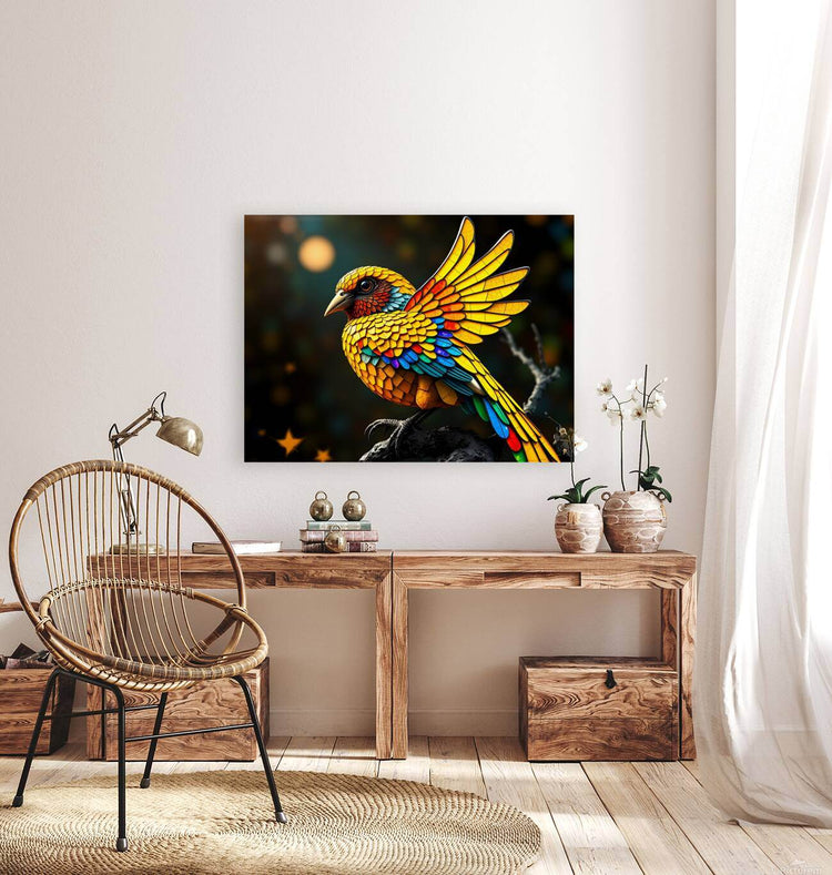Stained-glass style bird wall art, colorful mosaic wings on rectangular print