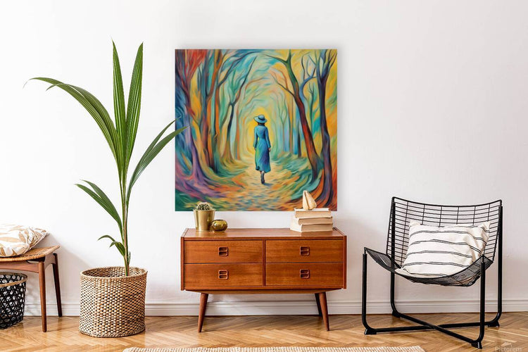 Impressionist forest landscape print with a woman in blue dress and hat walking down the path