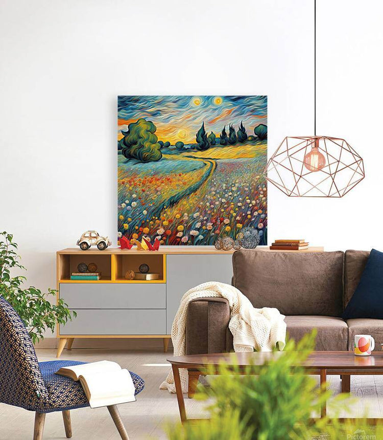 Framed landscape wall art showing a winding path and vibrant wildflowers in blue-green tones