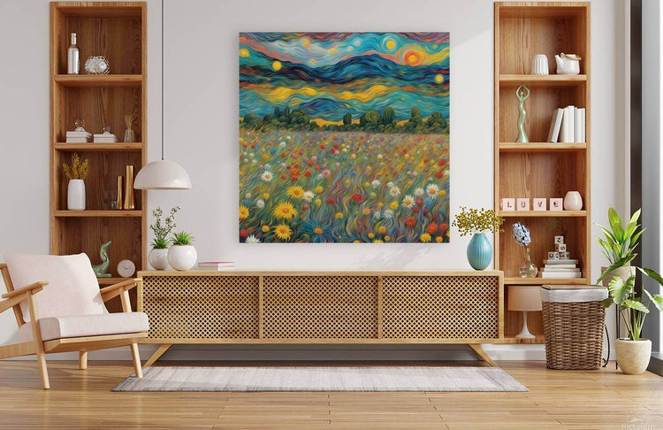 Colorful landscape canvas wall art with swirled sky and wildflower field in bright tones