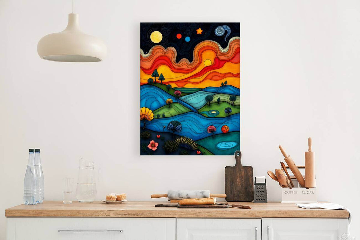 Framed abstract landscape wall art with moon, stars, and bright layered rolling hills.