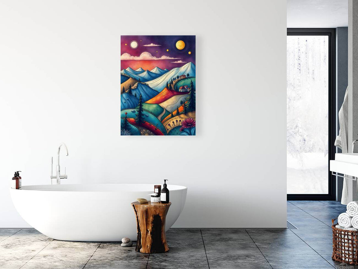 Square framed abstract landscape wall art with blue mountains and a purple, starry sky