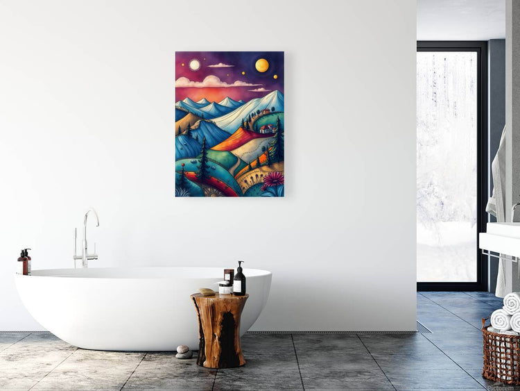 Square framed abstract landscape wall art with blue mountains and a purple, starry sky