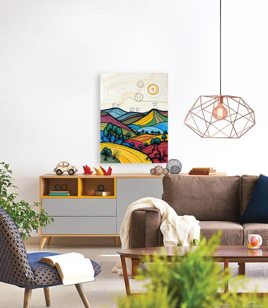 Abstract landscape wall art with colorful layered hills, trees, and small planet motifs