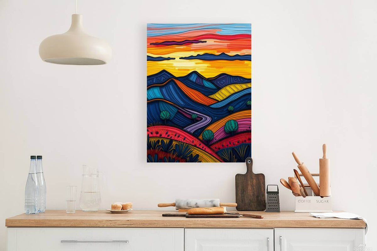 Small abstract landscape print with layered rainbow mountains and winding path.