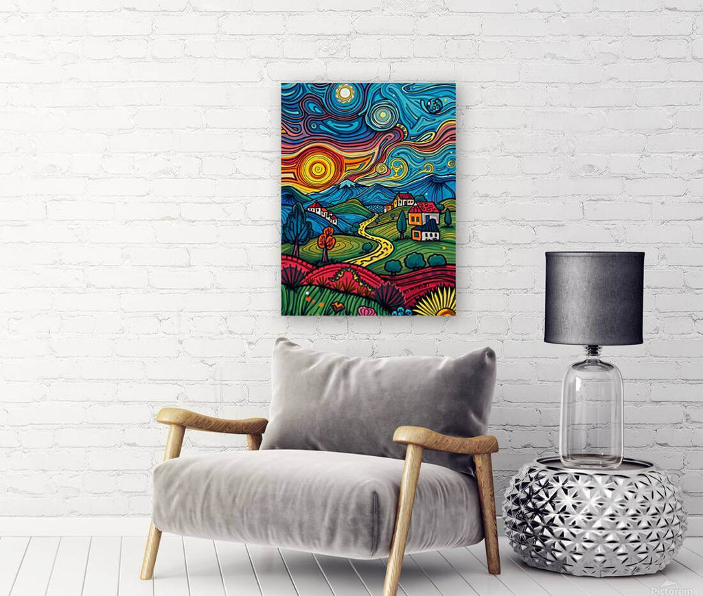 Abstract landscape canvas print with village scene and swirling blue sky on white brick wall