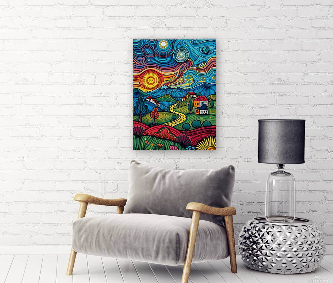 Abstract landscape canvas print with village scene and swirling blue sky on white brick wall