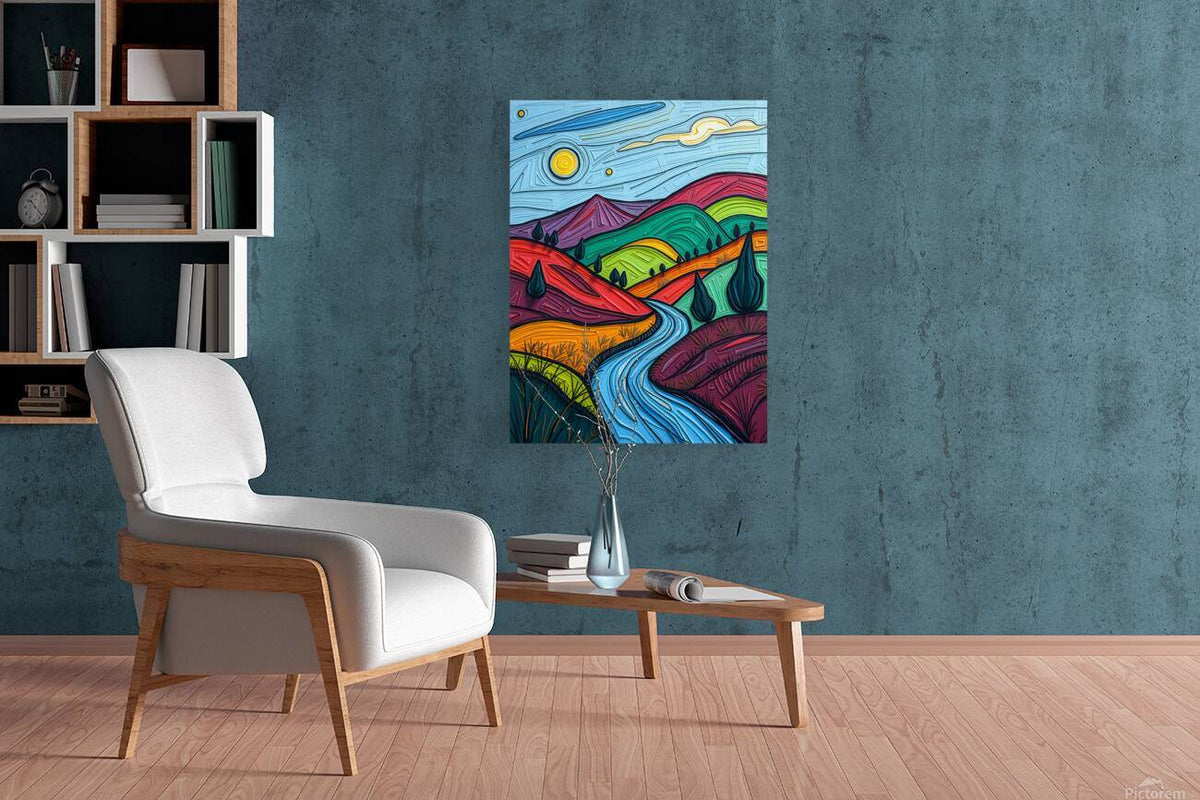 Abstract landscape print on wall with textured blue river, colorful hills, and sunlit sky.