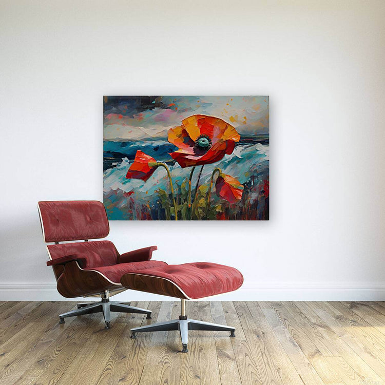 Framed canvas print with an orange poppy and red petals, green stems, and blue sky