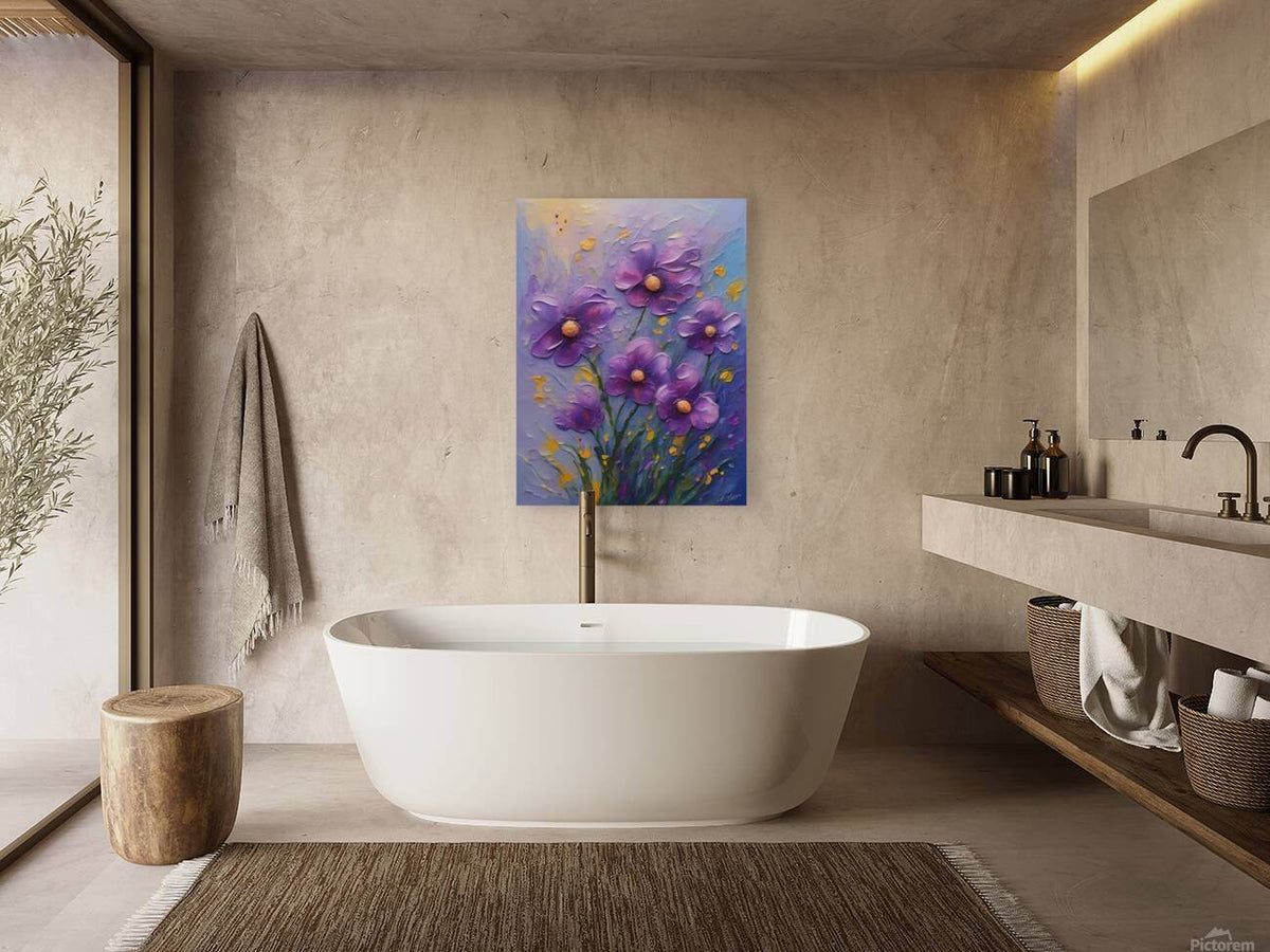 Purple and gold floral wall art with textured, dimensional petals.