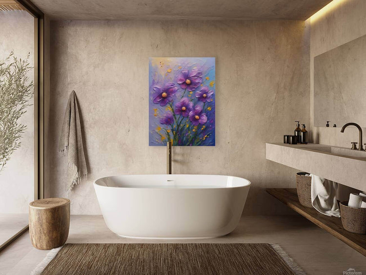 Purple and gold floral wall art with textured, dimensional petals.