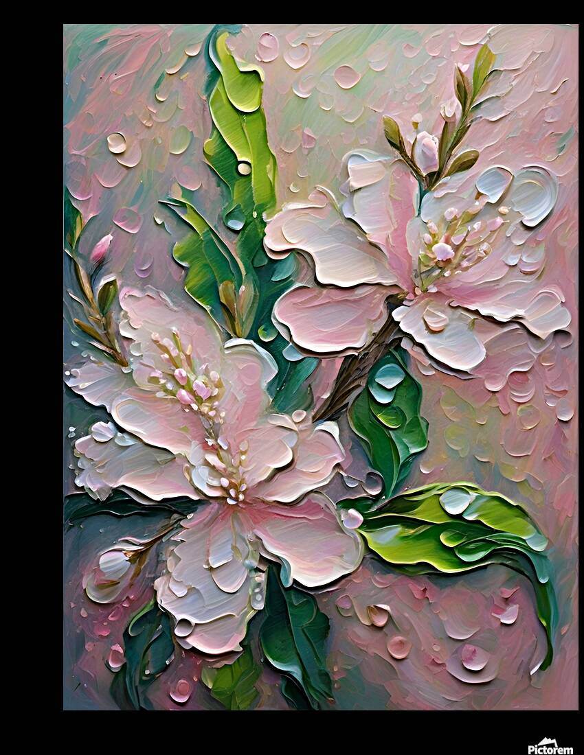 Square textured floral wall art with pink blossoms, green leaves, and raised 3D details