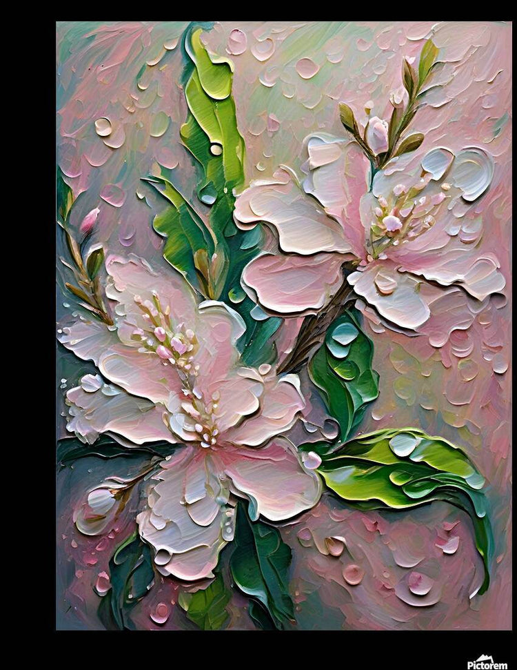 Square textured floral wall art with pink blossoms, green leaves, and raised 3D details