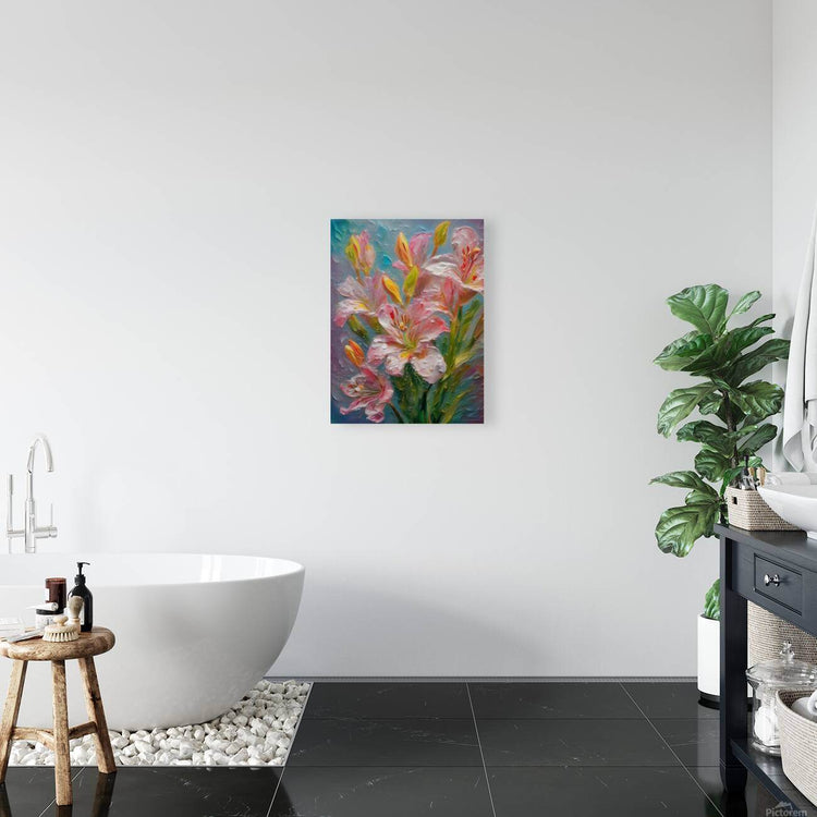 Square floral wall art print with pink and white blossoms and green stems