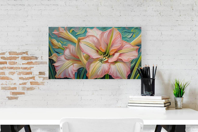 Floral canvas wall art featuring a large pink lily with yellow-green accents on teal