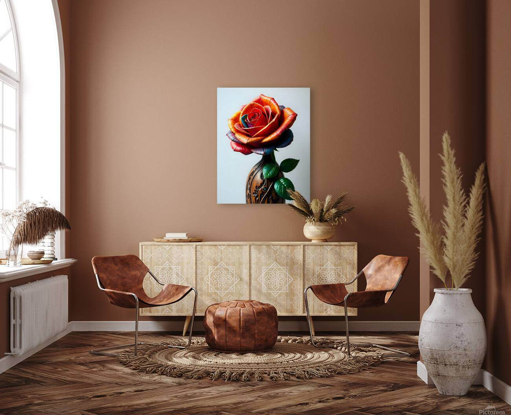 Rose wall art print featuring a red-orange bloom, green leaves, and ornate stem