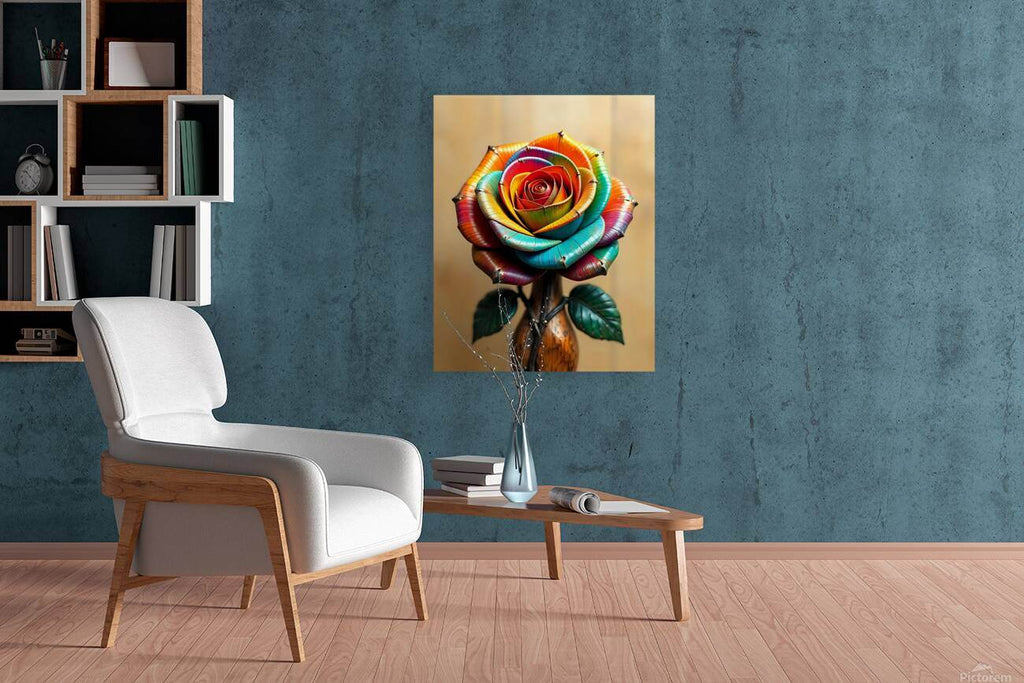 Framed metallic rainbow rose wall art with layered petals and green leaves