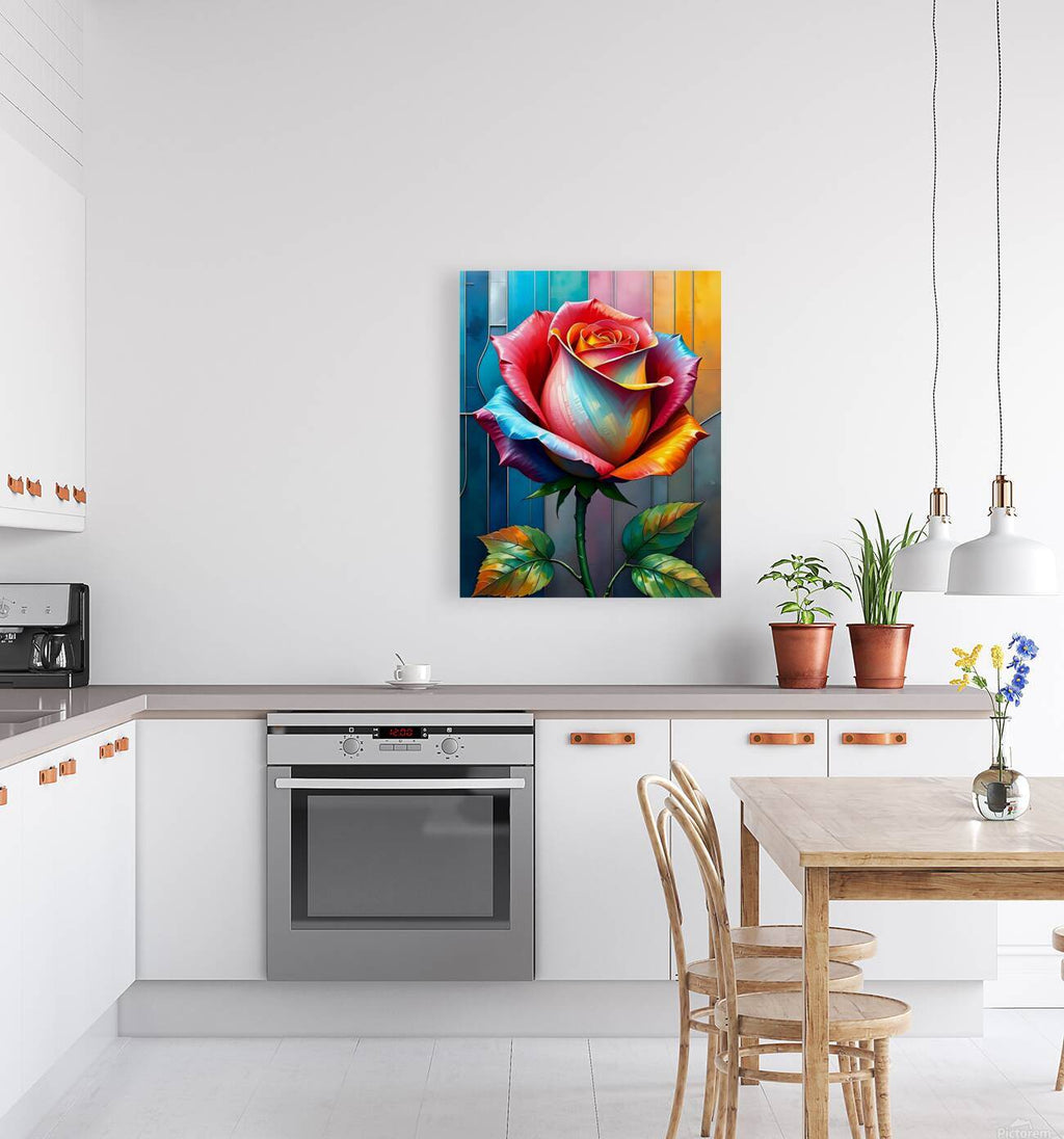 Colorful rose wall art print featuring a multicolor stained-glass style flower on a square canvas
