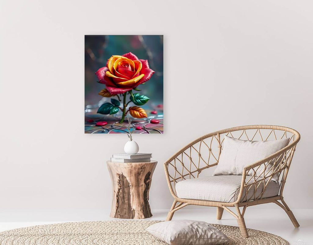 Rose wall art displayed in a small room, with glossy red-orange petals and green leaves