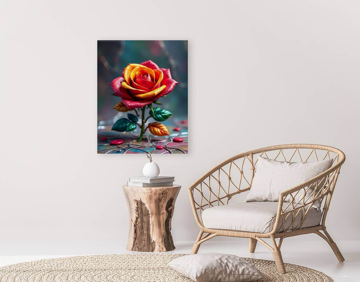 Rose wall art displayed in a small room, with glossy red-orange petals and green leaves