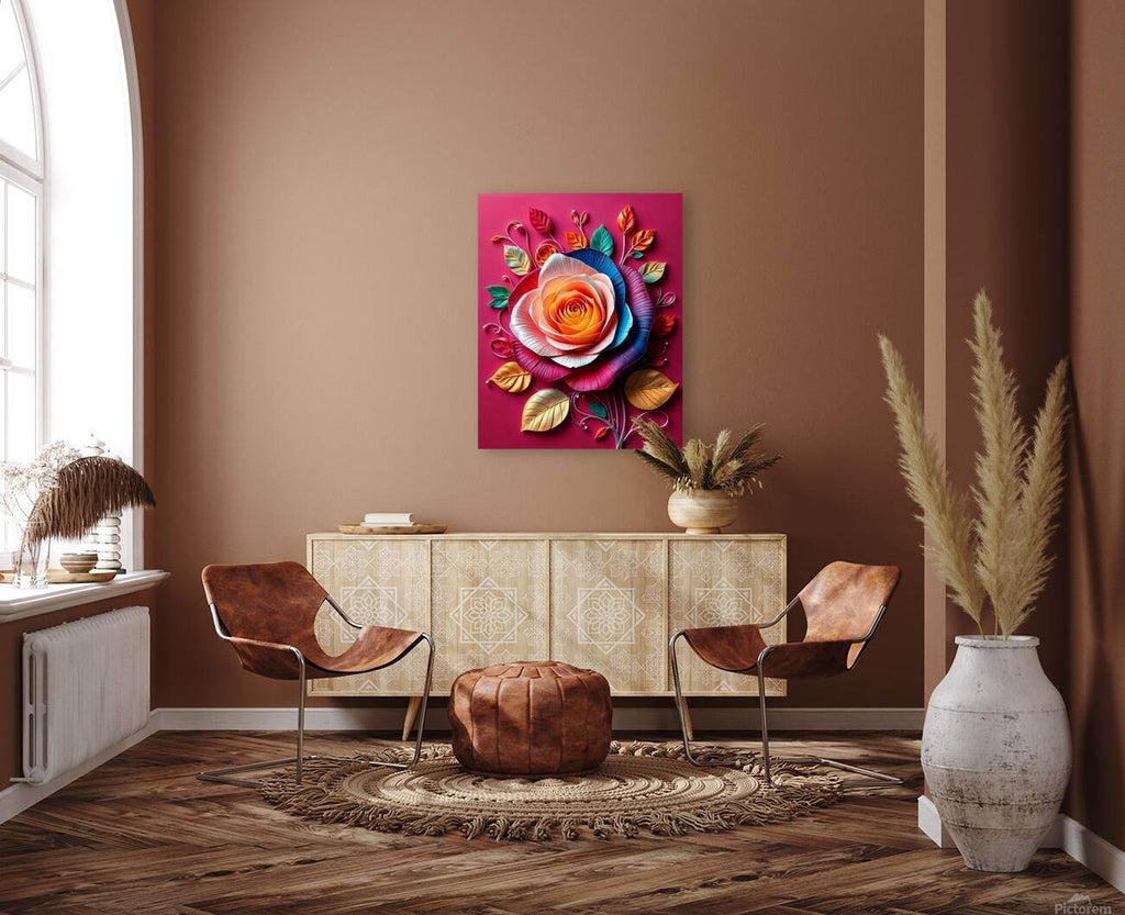 Small square paper-quilled rose wall art with layered petals and decorative leaves