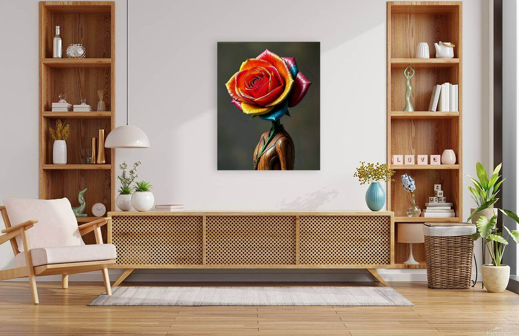 Framed square rose wall art print, red metallic petals with rainbow highlights on dark background