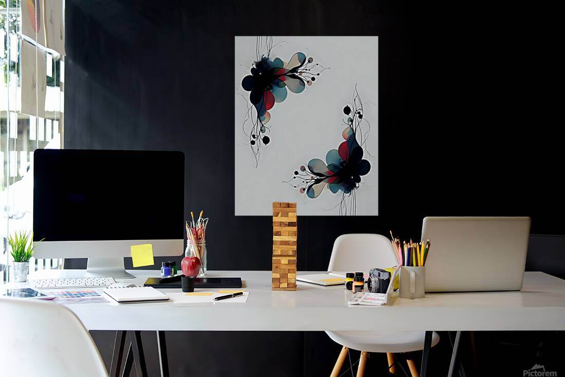 Abstract floral wall art with black flowers, teal and red petals and thin dangling lines.