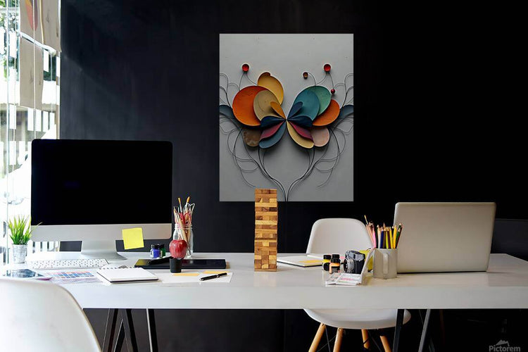 Abstract floral wall art with multicolor layered petals and curling black wire vines