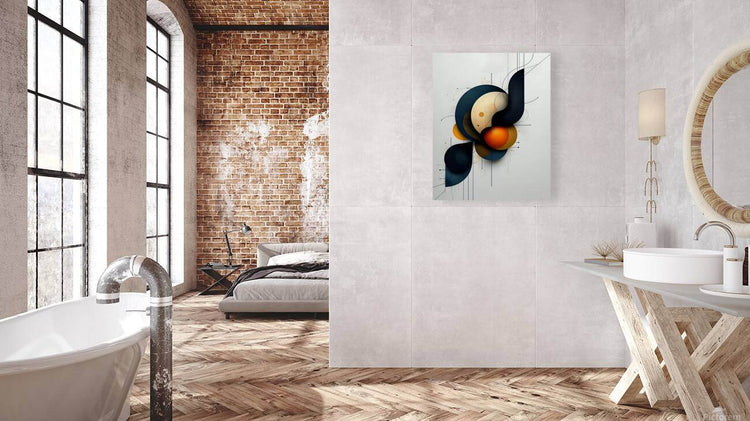 Abstract geometric wall art featuring dark navy forms, cream circle, and orange-red orb on pale canvas