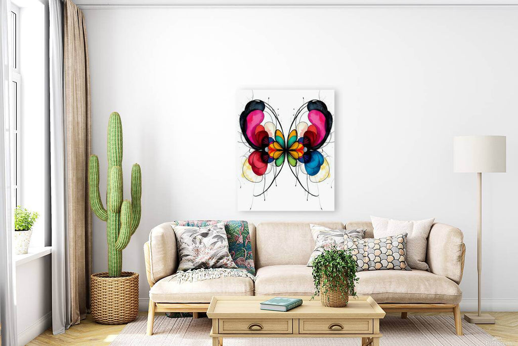Framed abstract butterfly wall art with vibrant pink, red, blue, and yellow details.