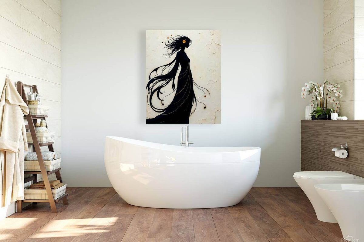 Unframed silhouette woman wall art with flowing black hair on light beige cracked panel