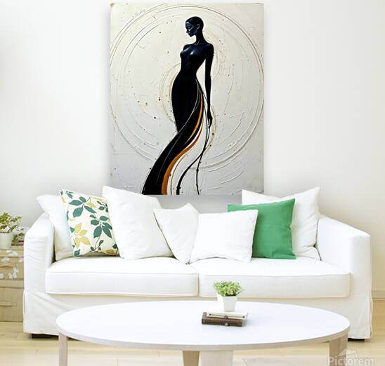 Sculptural figure wall art above a sofa: black woman silhouette profile with gold accent stripe.