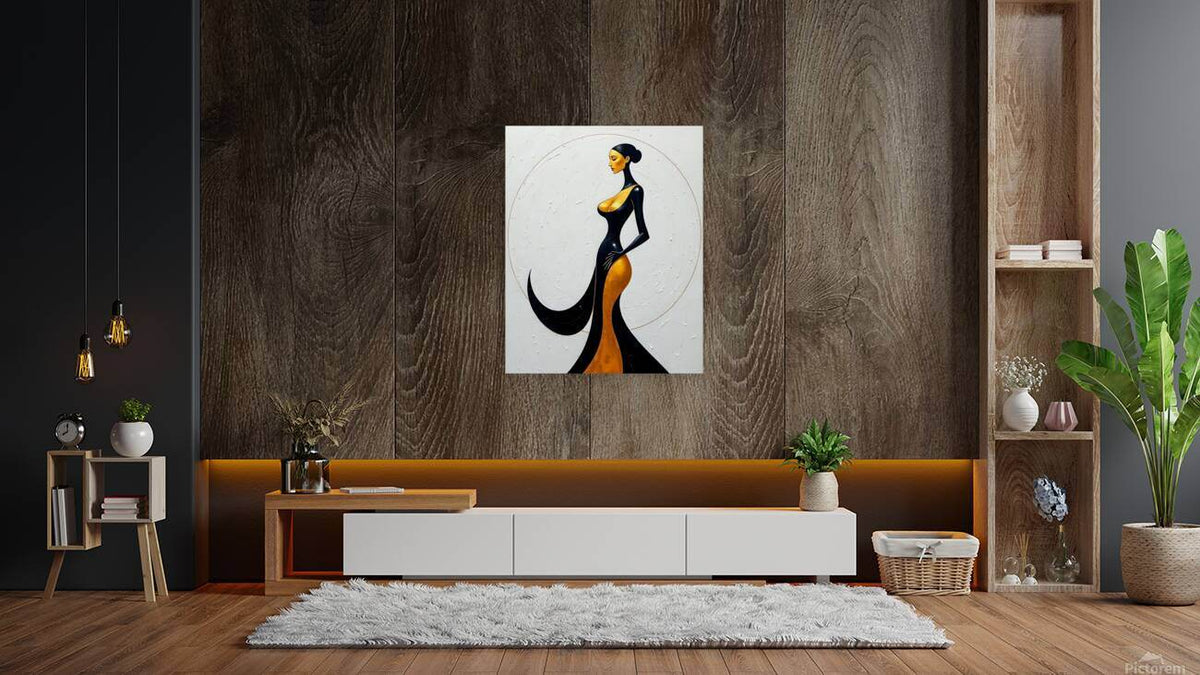 Square wall art print of a stylized woman in black and gold outfit, facing left