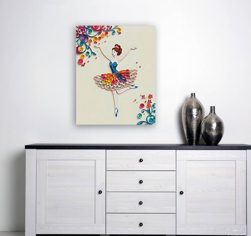 Quilled paper ballerina wall art, blue tutu with multicolor paper curls, framed canvas