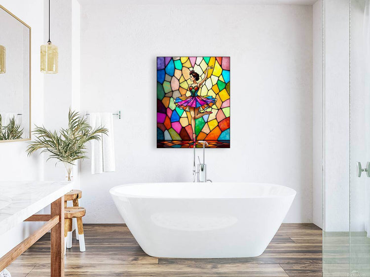 Square framed canvas print of a ballerina in colorful stained-glass mosaic.