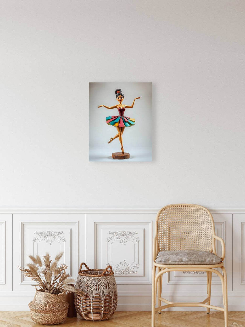 Small wall ballerina print: maroon bodice, multicolor tutu, on round wood base.