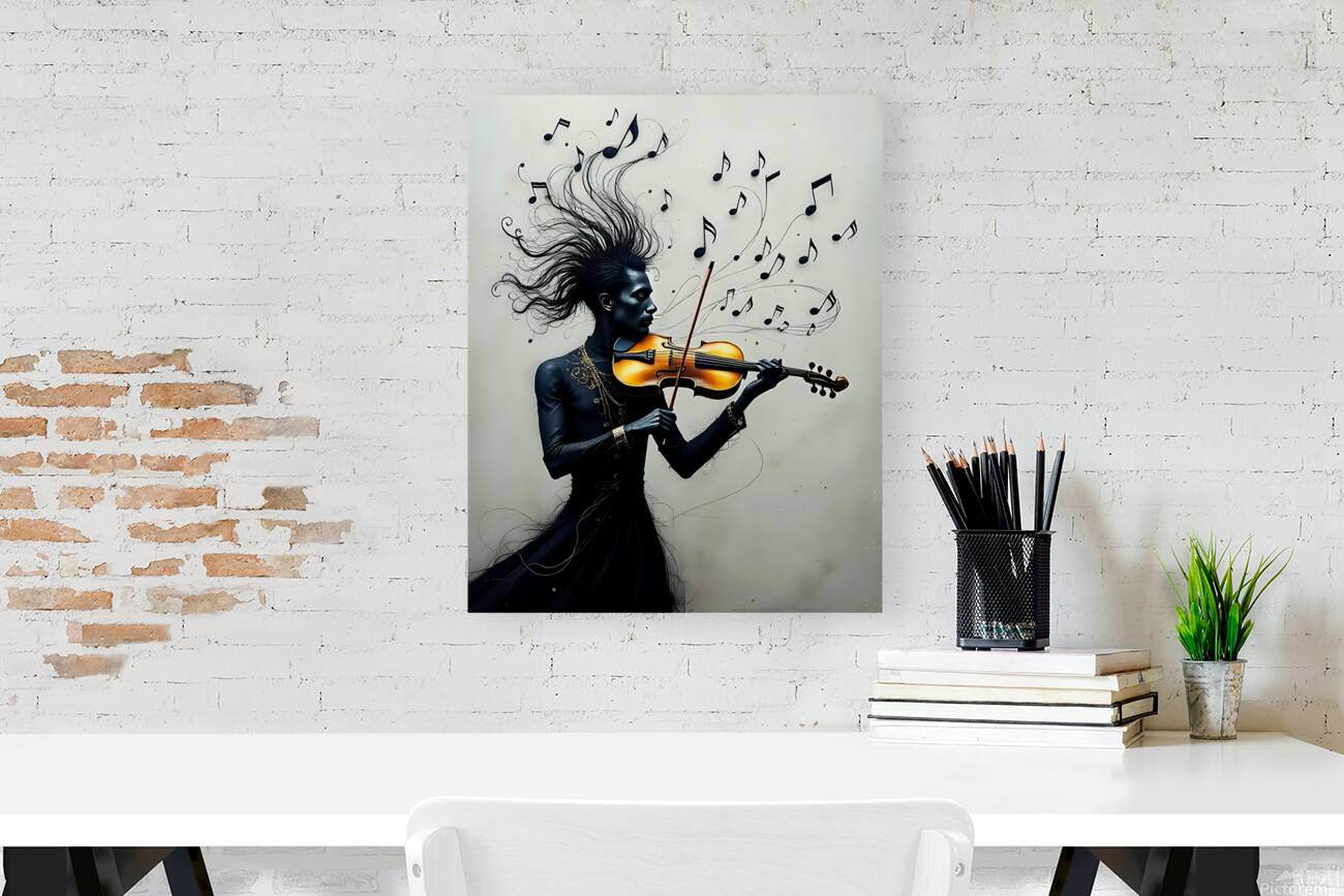 Violinist woman canvas wall art with black dress, orange violin, and scattered music notes