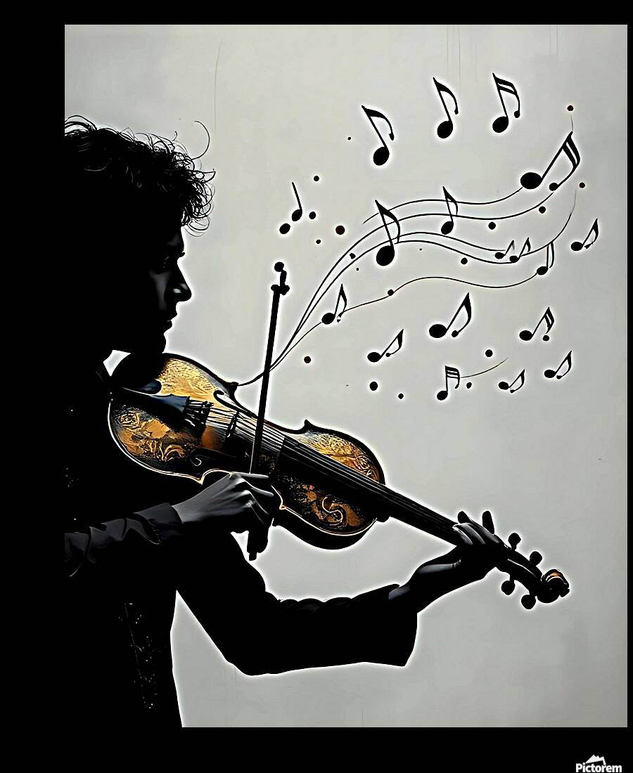 Side profile violinist silhouette with gold violin and black musical notes